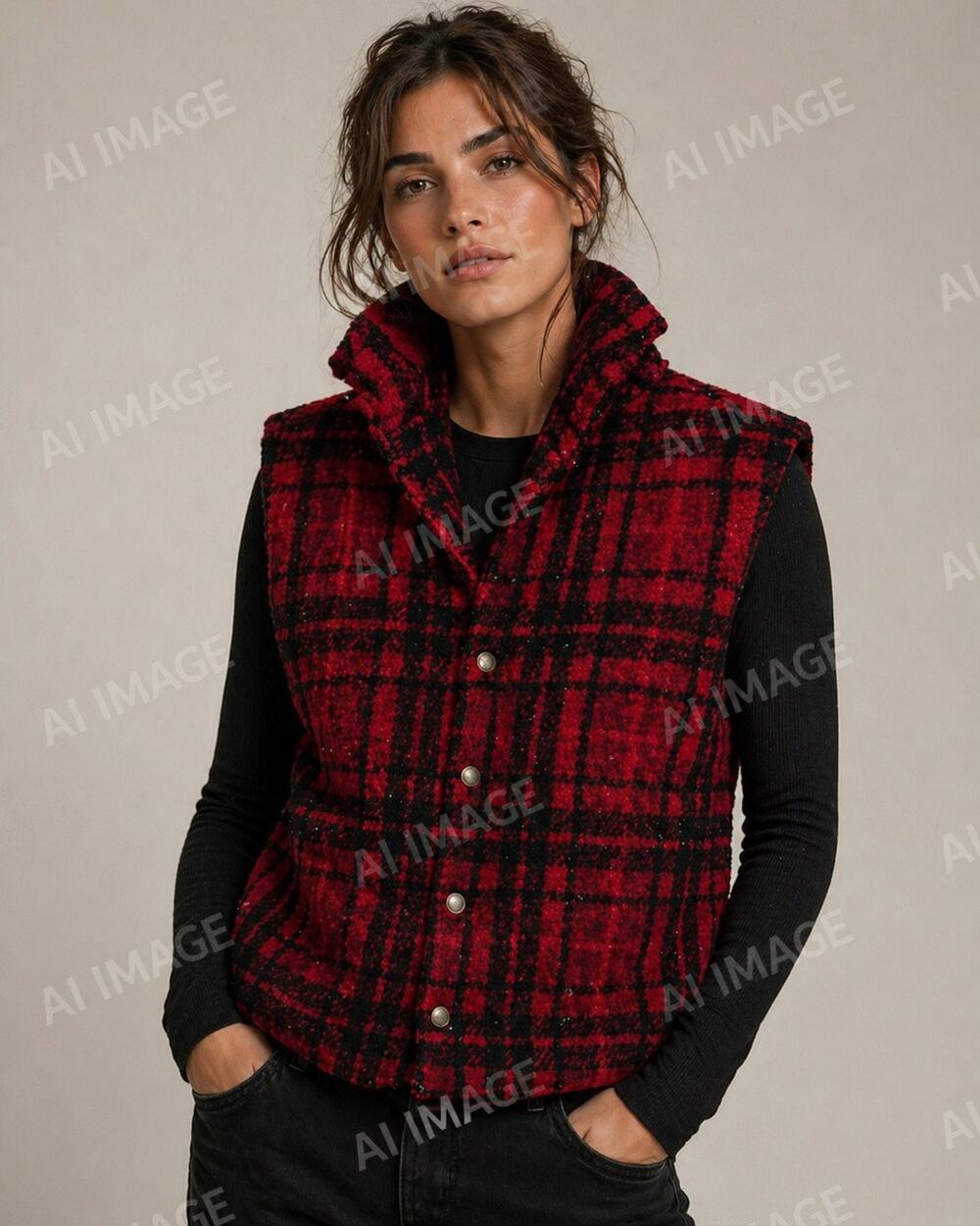Talbots Red Plaid Fleece Vest Women’s Large silver Button Front USA